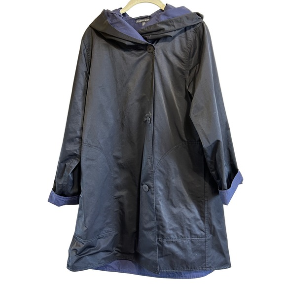 Eileen Fisher Hooded Raincoat Jacket Navy Lightweight Minimalist Small